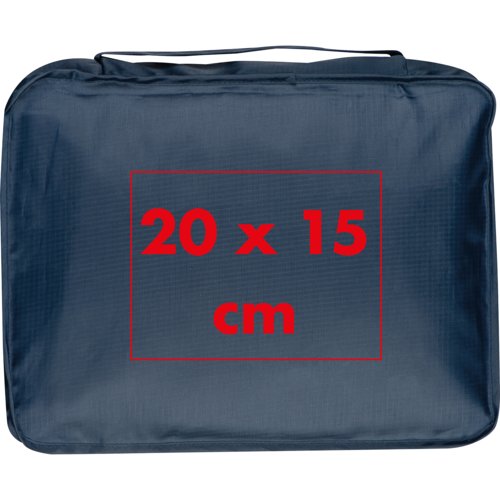 Blue travel set with carrying handle and multiple compartments.