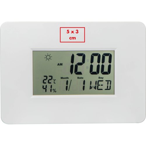 White wall clock with digital display.