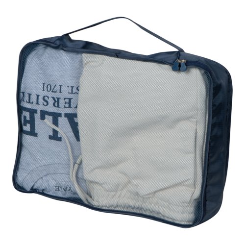 Dark blue textile travel set, 4-piece, with zipper and carrying handle.