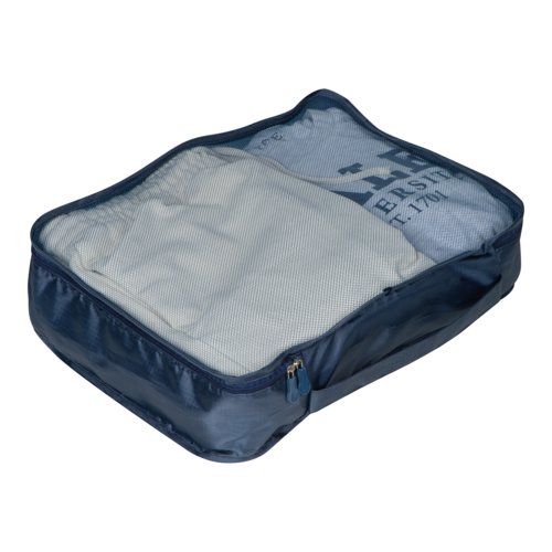 Dark blue 4-piece travel set with zipper.