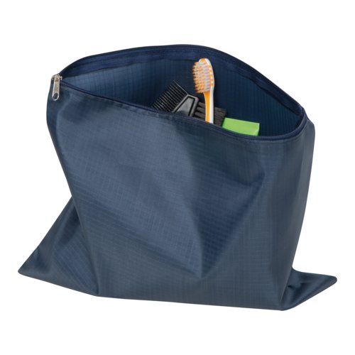 Dark blue travel set with zipper. Includes four pieces.