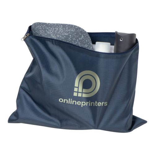 Dark blue fabric travel set with zipper.