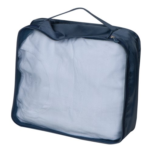 Dark blue fabric travel set, four pieces with carrying handle and zipper.