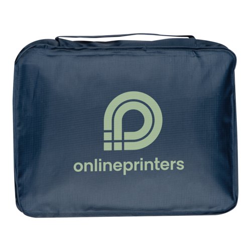Dark blue travel set with zipper and carrying handle.