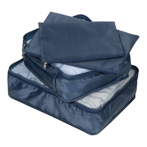 Dark blue textile travel set, 4-piece, with zippers.