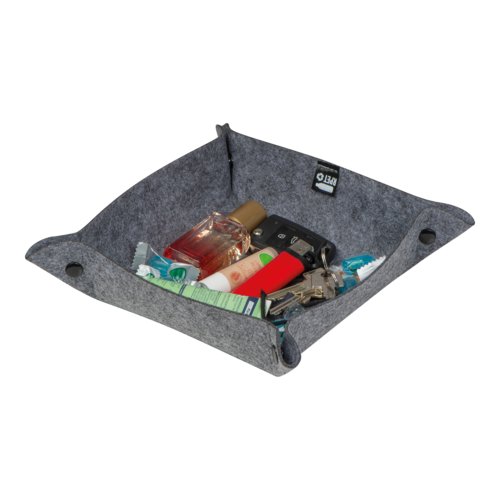 Anthracite felt storage tray with pattern and snap fasteners.