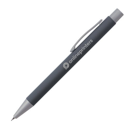 Anthracite mechanical pencil with clip and lead push mechanism.