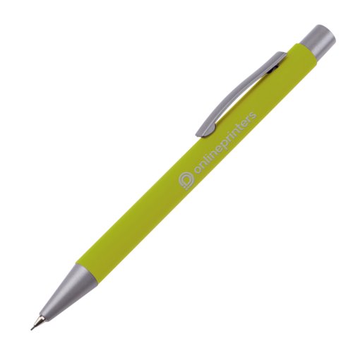 Apple green mechanical pencil with clip and push mechanism.