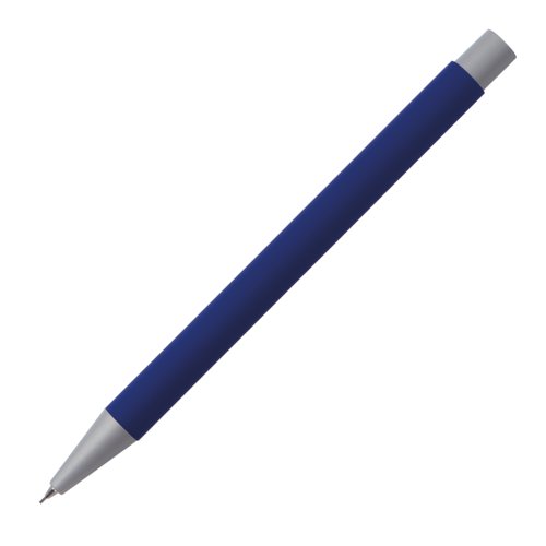 Blue mechanical pencil with metal elements and lead.