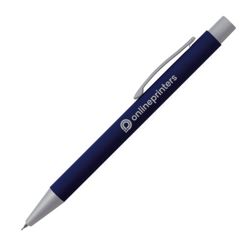 Dark blue mechanical pencil with clip and push mechanism.