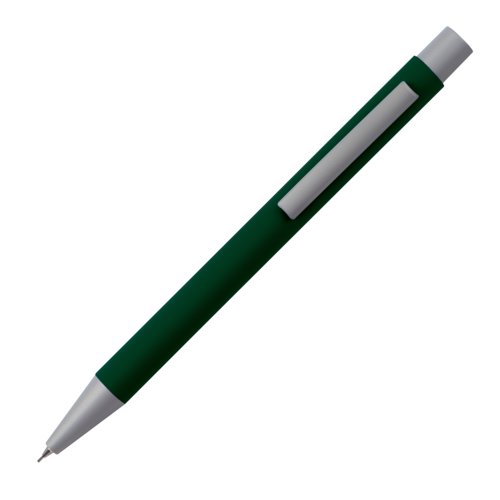 Dark green mechanical pencil with clip and push mechanism.