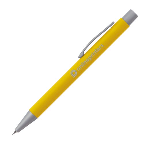 Yellow propelling pencil with clip and push mechanism.