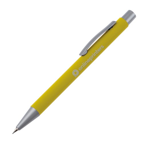 Yellow propelling pencil with clip and push button.
