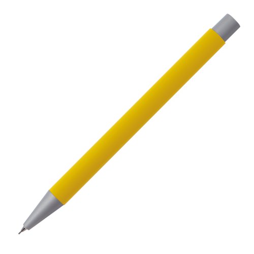 Yellow mechanical pencil with removable cap and clip.
