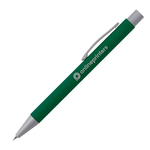 Green mechanical pencil with metal elements and clip.
