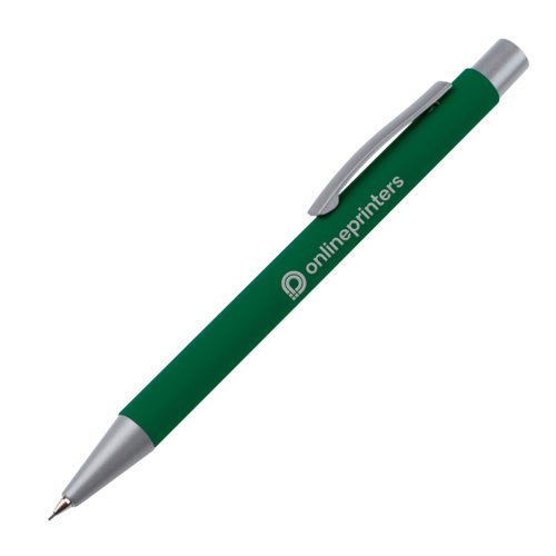 Green mechanical pencil with clip and push mechanism.