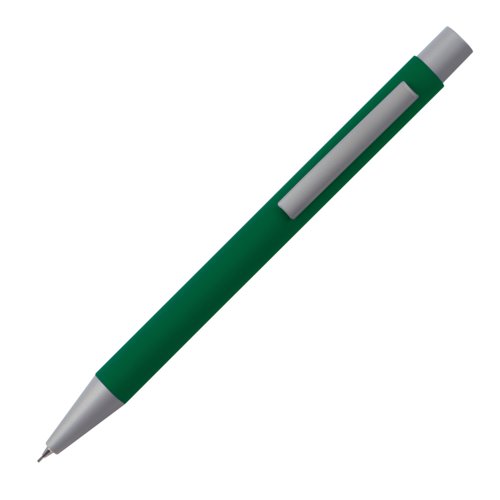 Green mechanical pencil with clip and push mechanism.