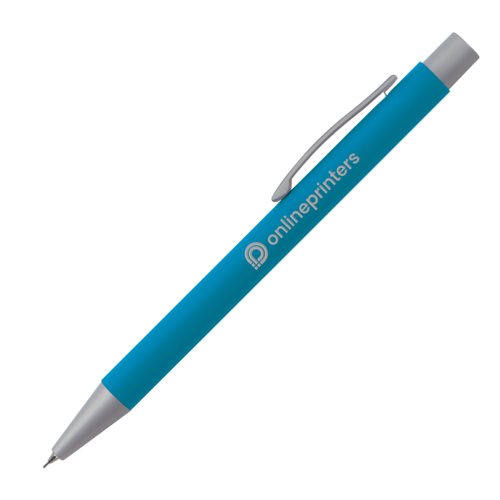 Light blue mechanical pencil with clip and push mechanism.