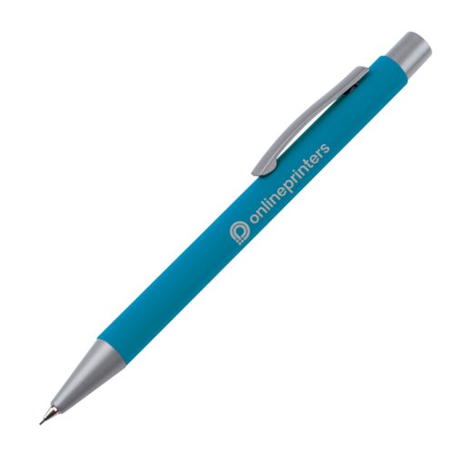 Light blue mechanical pencil with clip and push mechanism.