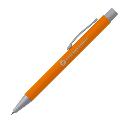 Orange mechanical pencil with clip and push mechanism.