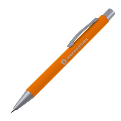 Orange mechanical pencil with clip and push mechanism.