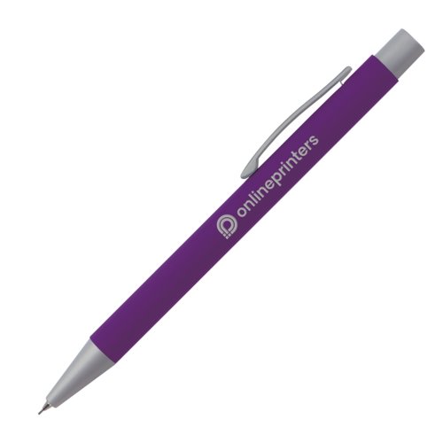 Purple propelling pencil with clip and push mechanism.