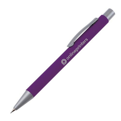 Purple mechanical pencil with clip and metal parts.