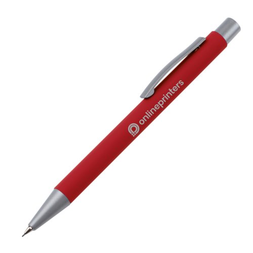 Red mechanical pencil with clip and mechanism.