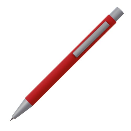 Red propelling pencil with clip and push mechanism.