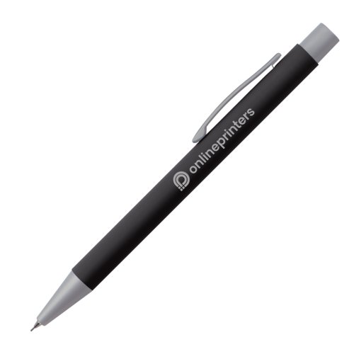 Black mechanical pencil with clip and push mechanism.