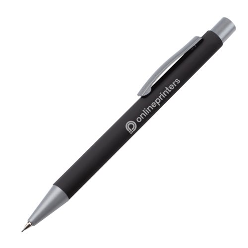 Black mechanical pencil with clip and lead.