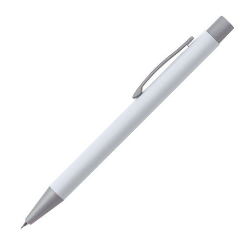 White propelling pencil with clip and push mechanism.