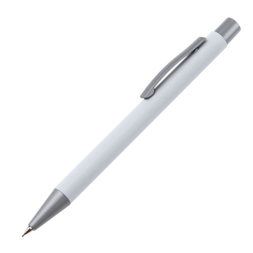 White propelling pencil with clip and push mechanism.