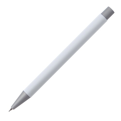 White mechanical pencil with lead and push mechanism.