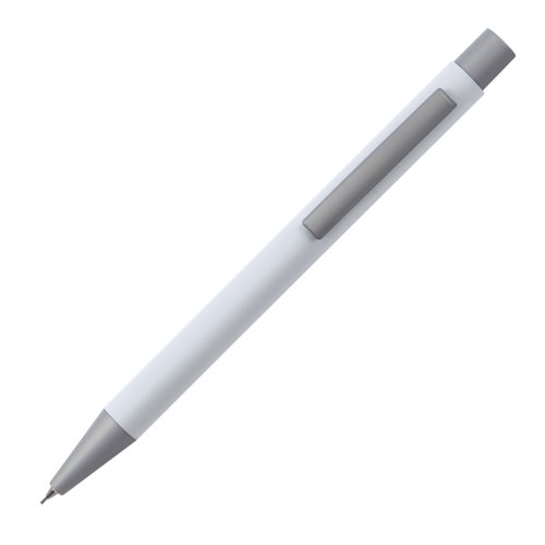 White mechanical pencil with clip and push mechanism.
