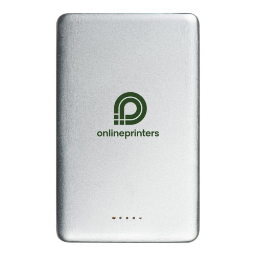 Silver power bank with USB port for charging devices.