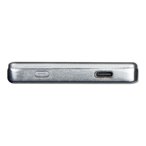 Gray power bank with 5,000 mAh capacity and USB port.