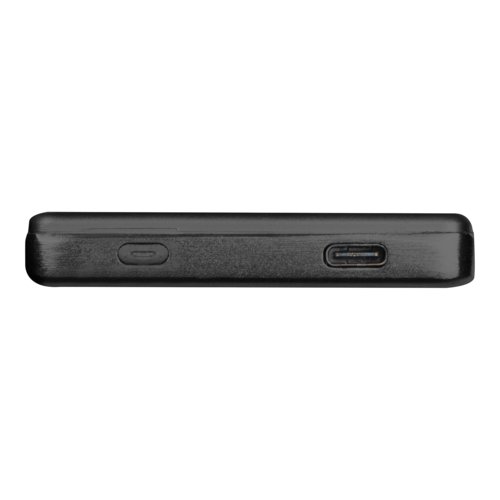 Black power bank with USB ports.
