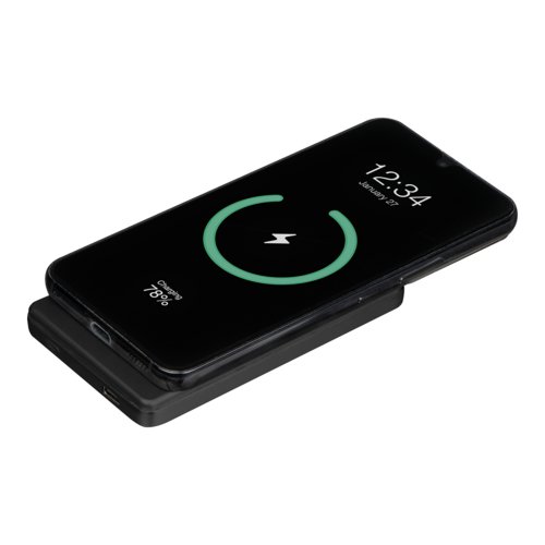 Black power bank with 5,000 mAh charging capacity.