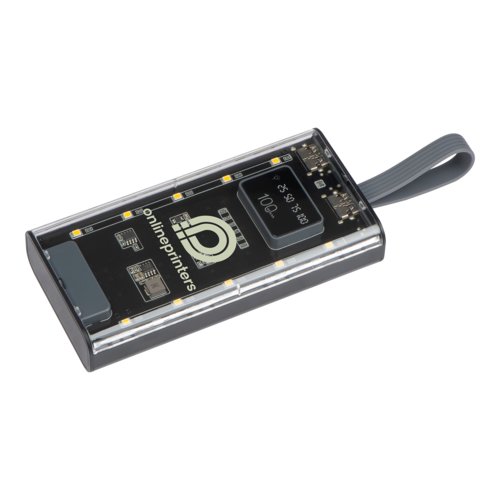 Black plastic power bank with 10,000 mAh charging capacity and lanyard.