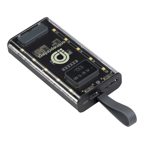 Transparent power bank with USB ports and carrying strap.