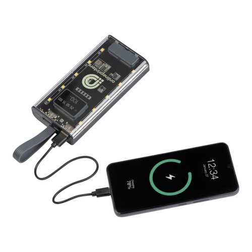 Transparent power bank with USB port and charge level indicator.