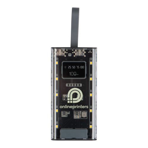 Transparent power bank with battery indicator and USB ports.