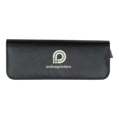 Black faux leather pencil case with zipper.