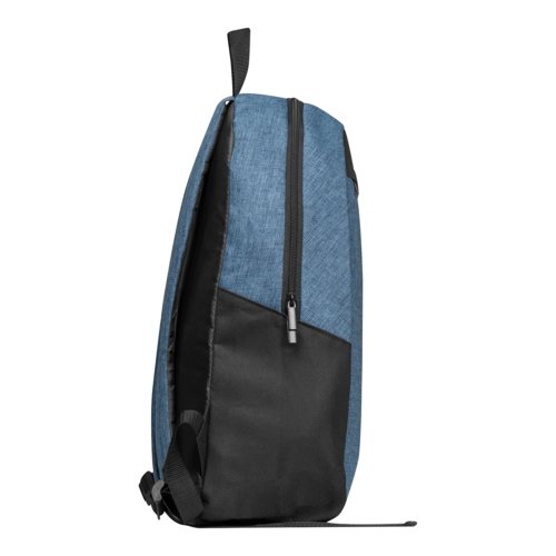 Dark blue rucksack with zipper and adjustable straps.