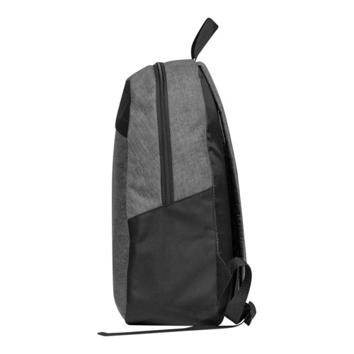 Gray fabric backpack with zipper and adjustable straps.