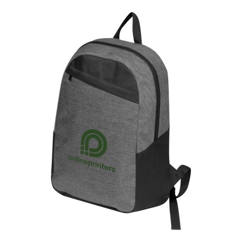 Gray fabric backpack with zippered compartment and adjustable straps.