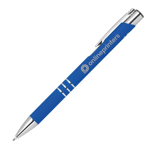Blue gel pen with clip and push-button mechanism.