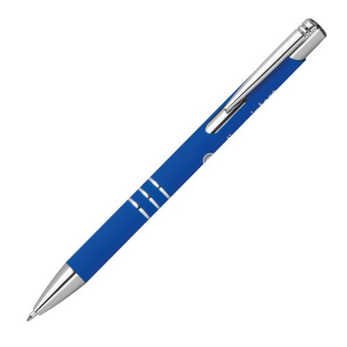 Blue gel pen with clip and push button.