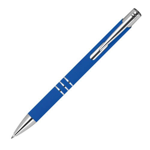 Blue gel pen with metal elements and push mechanism.